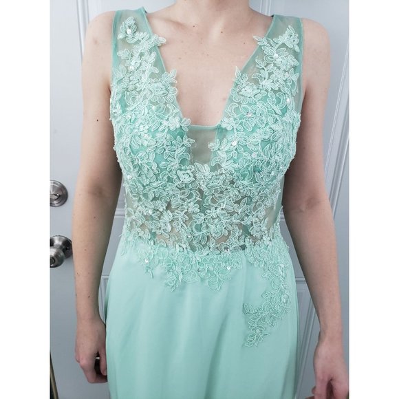 Green Prom Gown with Sheer Bodice - Picture 4 of 7